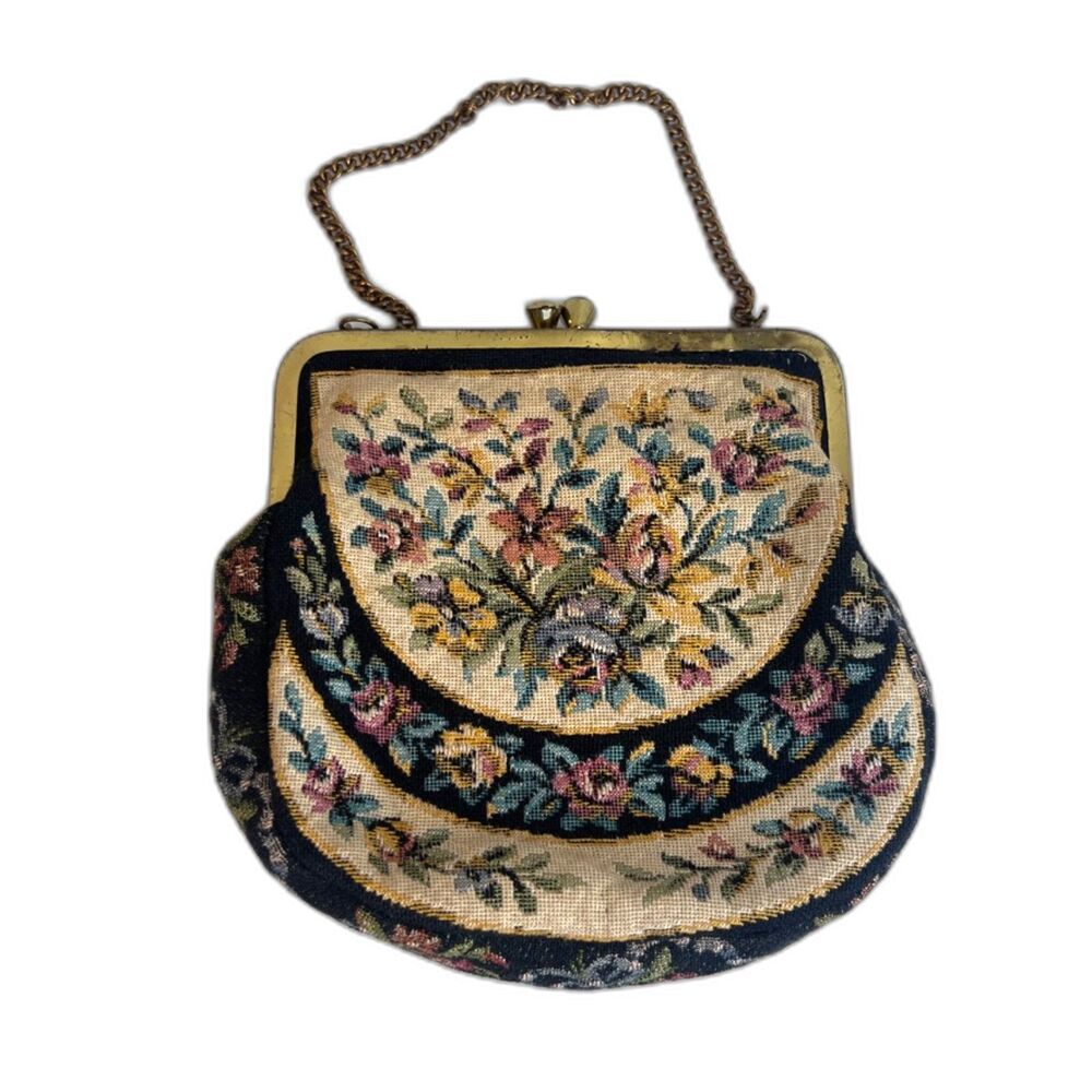 VTG Tapestry Kiss Clasp Satchel‎ Clutch Purse Bag Small Victorian Regency